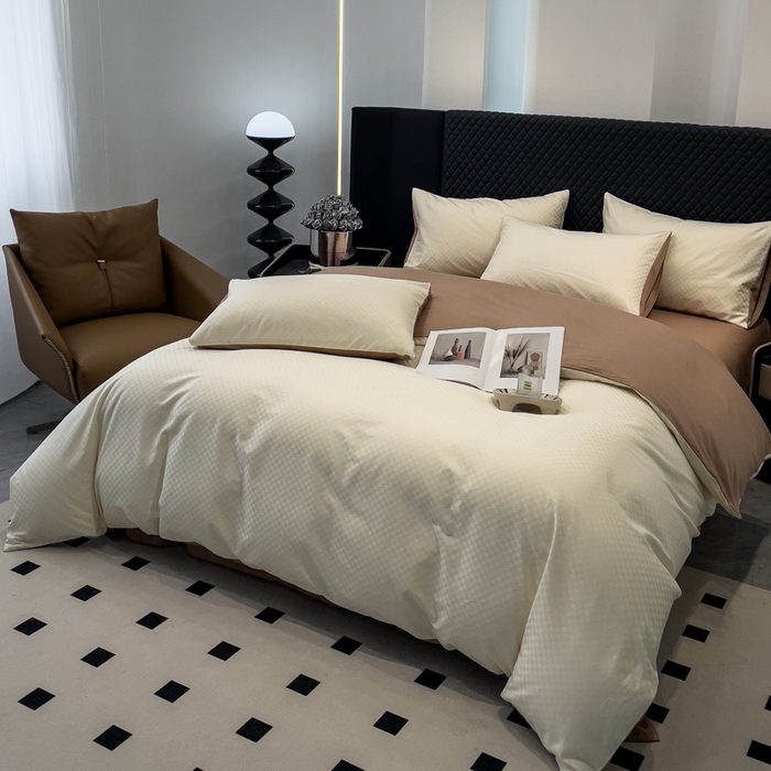 91家纺网 家纺一手货源 找家纺 金鑫汇家纺 2024新款长绒棉提花小方格系列四件套单品系列-单被套 奶昔白+咖