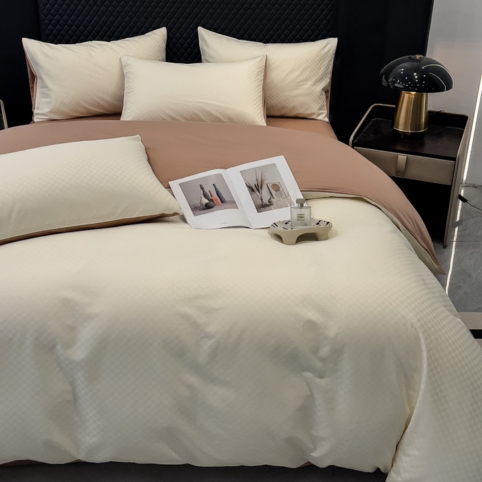 91家纺网 家纺一手货源 找家纺 金鑫汇家纺 2024新款长绒棉提花小方格系列四件套单品系列-单被套 奶昔白+咖