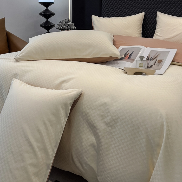 91家纺网 家纺一手货源 找家纺 金鑫汇家纺 2024新款长绒棉提花小方格系列四件套单品系列-单被套 奶昔白+咖