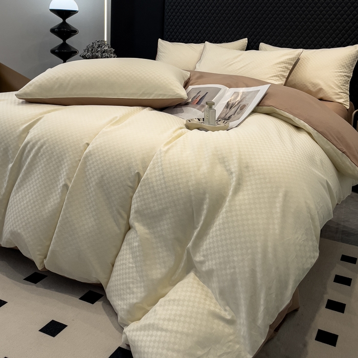 91家纺网 家纺一手货源 找家纺 金鑫汇家纺 2024新款长绒棉提花小方格系列四件套单品系列-单被套 奶昔白+咖