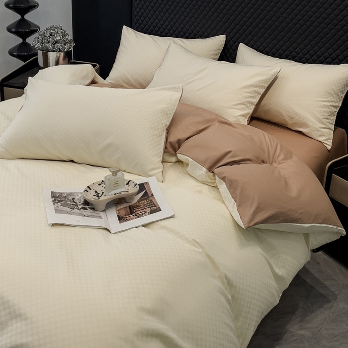 91家纺网 家纺一手货源 找家纺 金鑫汇家纺 2024新款长绒棉提花小方格系列四件套单品系列-单被套 奶昔白+咖