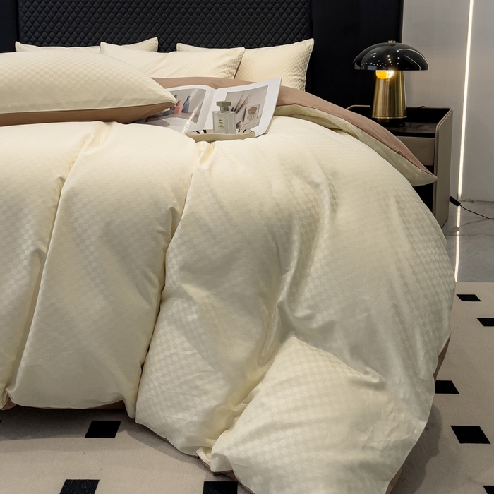 91家纺网 家纺一手货源 找家纺 金鑫汇家纺 2024新款长绒棉提花小方格系列四件套单品系列-单被套 奶昔白+咖