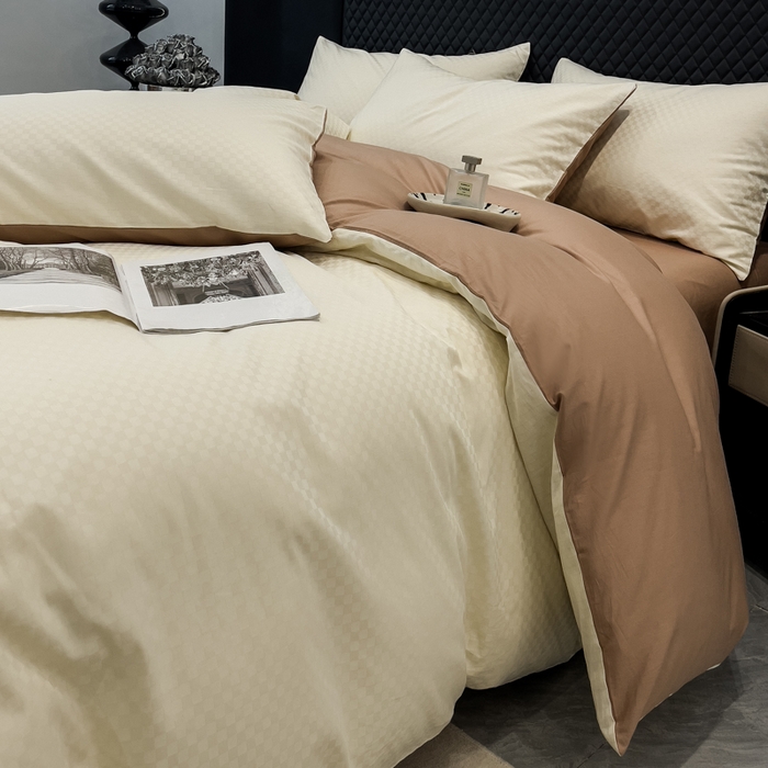 91家纺网 家纺一手货源 找家纺 金鑫汇家纺 2024新款长绒棉提花小方格系列四件套单品系列-单被套 奶昔白+咖