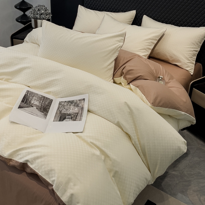 91家纺网 家纺一手货源 找家纺 金鑫汇家纺 2024新款长绒棉提花小方格系列四件套单品系列-单被套 奶昔白+咖