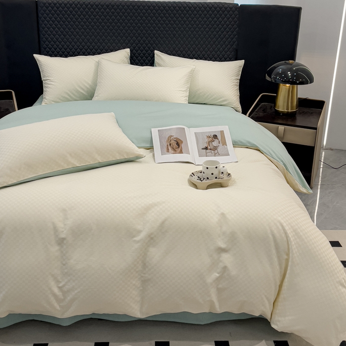 91家纺网 家纺一手货源 找家纺 金鑫汇家纺 2024新款长绒棉提花小方格系列四件套单品系列-单被套 奶昔白+水绿