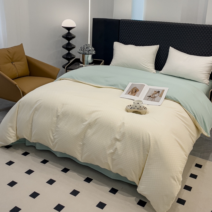 91家纺网 家纺一手货源 找家纺 金鑫汇家纺 2024新款长绒棉提花小方格系列四件套单品系列-单被套 奶昔白+水绿