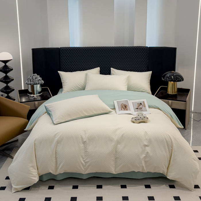 91家纺网 家纺一手货源 找家纺 金鑫汇家纺 2024新款长绒棉提花小方格系列四件套单品系列-单被套 奶昔白+水绿