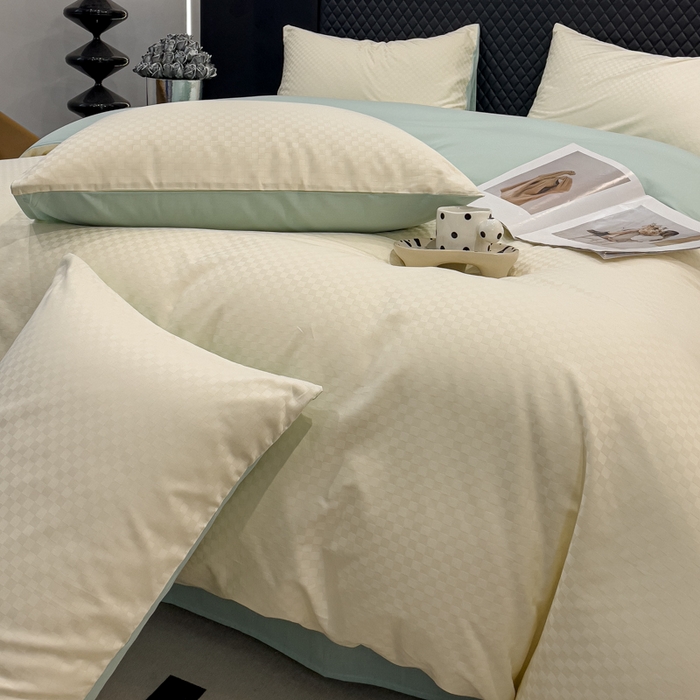 91家纺网 家纺一手货源 找家纺 金鑫汇家纺 2024新款长绒棉提花小方格系列四件套单品系列-单被套 奶昔白+水绿