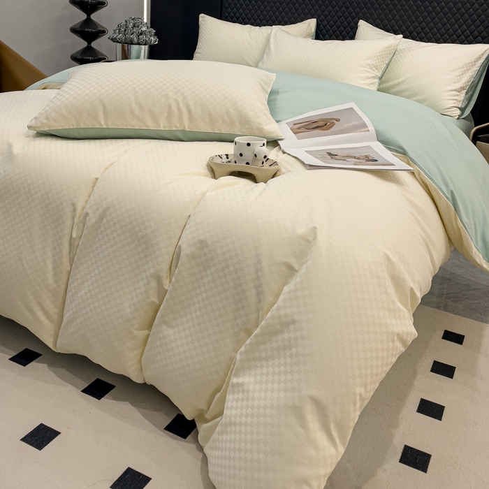 91家纺网 家纺一手货源 找家纺 金鑫汇家纺 2024新款长绒棉提花小方格系列四件套单品系列-单被套 奶昔白+水绿