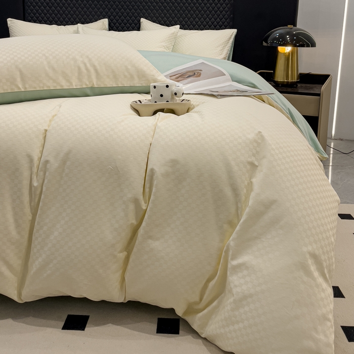 91家纺网 家纺一手货源 找家纺 金鑫汇家纺 2024新款长绒棉提花小方格系列四件套单品系列-单被套 奶昔白+水绿