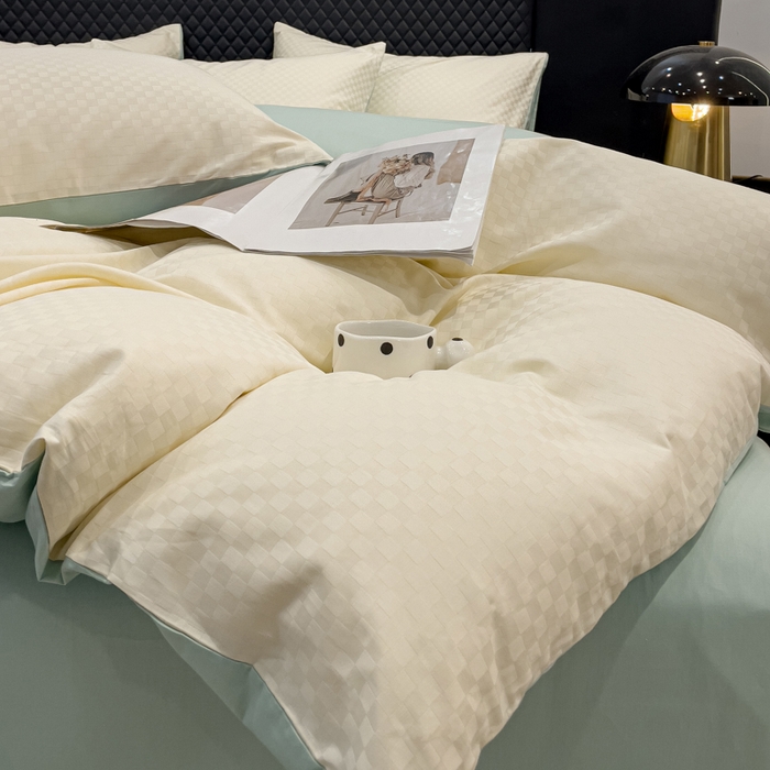 91家纺网 家纺一手货源 找家纺 金鑫汇家纺 2024新款长绒棉提花小方格系列四件套单品系列-单被套 奶昔白+水绿