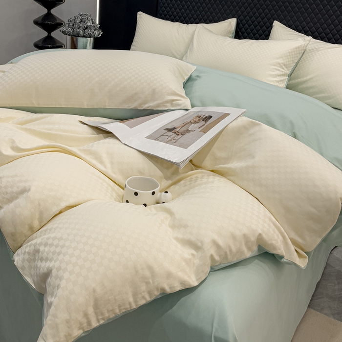 91家纺网 家纺一手货源 找家纺 金鑫汇家纺 2024新款长绒棉提花小方格系列四件套单品系列-单被套 奶昔白+水绿