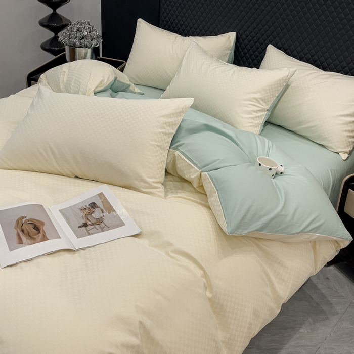 91家纺网 家纺一手货源 找家纺 金鑫汇家纺 2024新款长绒棉提花小方格系列四件套单品系列-单被套 奶昔白+水绿