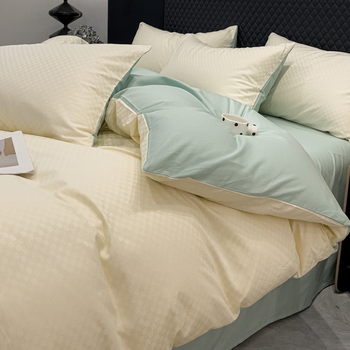 91家纺网 家纺一手货源 找家纺 金鑫汇家纺 2024新款长绒棉提花小方格系列四件套单品系列-单被套 奶昔白+水绿