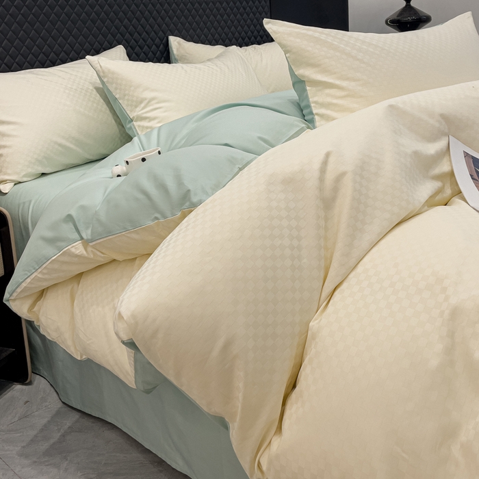 91家纺网 家纺一手货源 找家纺 金鑫汇家纺 2024新款长绒棉提花小方格系列四件套单品系列-单被套 奶昔白+水绿