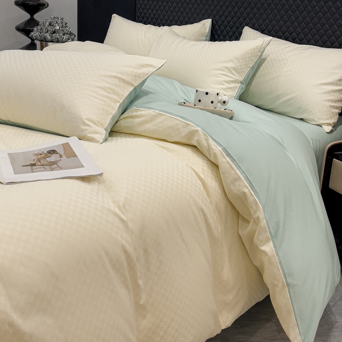 91家纺网 家纺一手货源 找家纺 金鑫汇家纺 2024新款长绒棉提花小方格系列四件套单品系列-单被套 奶昔白+水绿