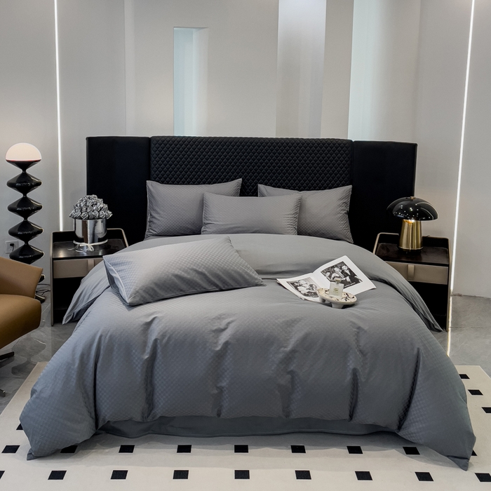 91家纺网 家纺一手货源 找家纺 金鑫汇家纺 2024新款长绒棉提花小方格系列四件套单品系列-单被套 深灰