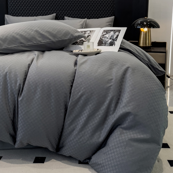 91家纺网 家纺一手货源 找家纺 金鑫汇家纺 2024新款长绒棉提花小方格系列四件套单品系列-单被套 深灰