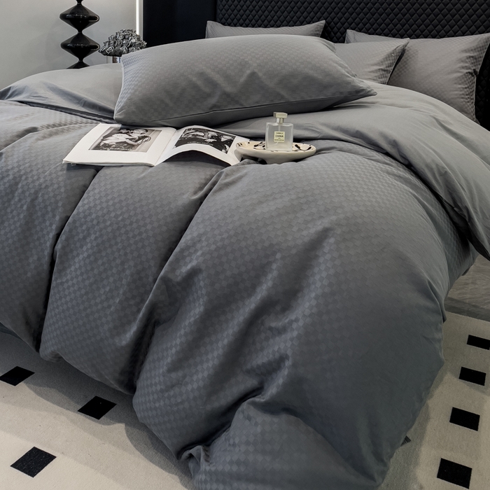 91家纺网 家纺一手货源 找家纺 金鑫汇家纺 2024新款长绒棉提花小方格系列四件套单品系列-单被套 深灰