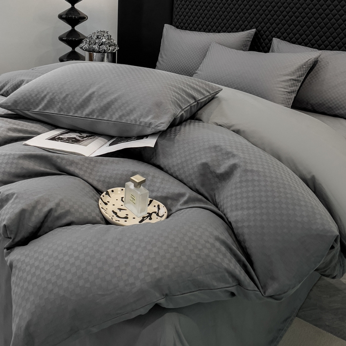 91家纺网 家纺一手货源 找家纺 金鑫汇家纺 2024新款长绒棉提花小方格系列四件套单品系列-单被套 深灰