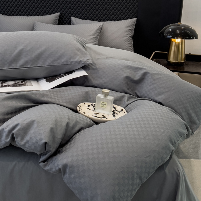 91家纺网 家纺一手货源 找家纺 金鑫汇家纺 2024新款长绒棉提花小方格系列四件套单品系列-单被套 深灰