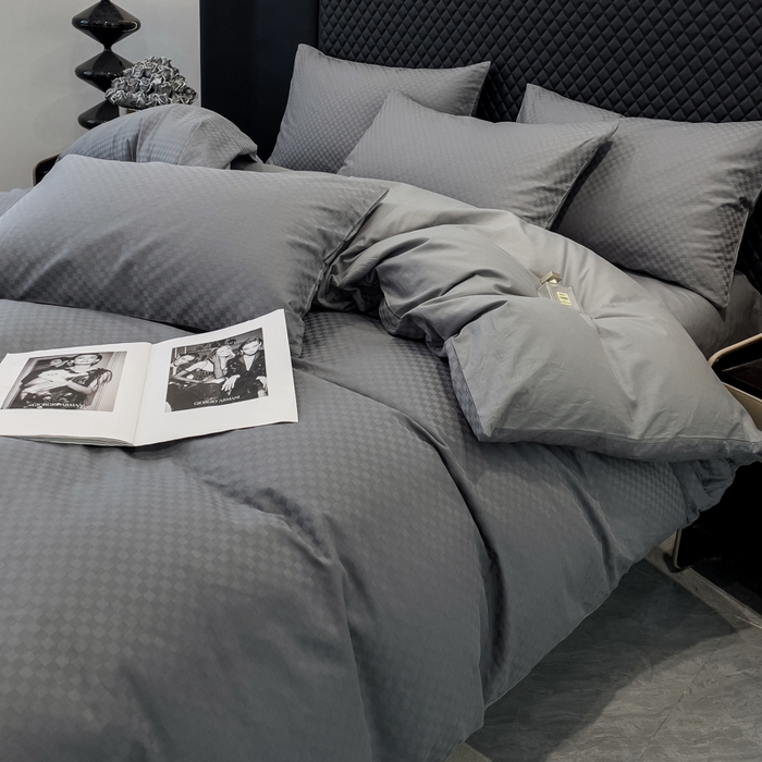 91家纺网 家纺一手货源 找家纺 金鑫汇家纺 2024新款长绒棉提花小方格系列四件套单品系列-单被套 深灰