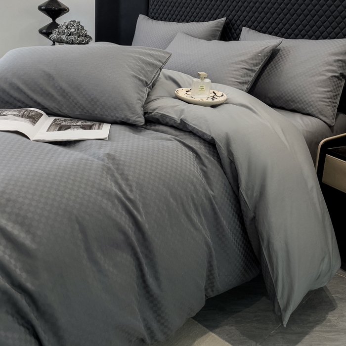 91家纺网 家纺一手货源 找家纺 金鑫汇家纺 2024新款长绒棉提花小方格系列四件套单品系列-单被套 深灰