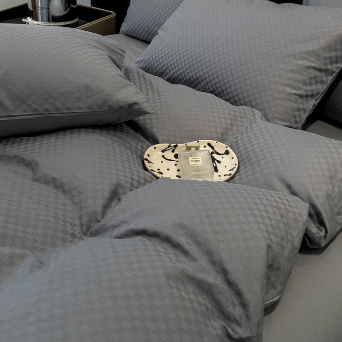 91家纺网 家纺一手货源 找家纺 金鑫汇家纺 2024新款长绒棉提花小方格系列四件套单品系列-单被套 深灰