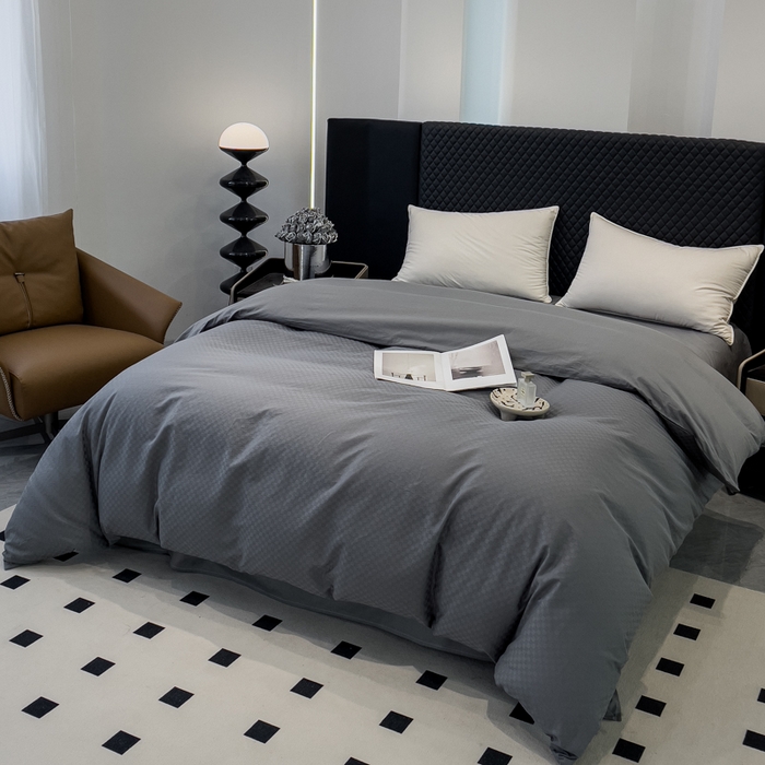 91家纺网 家纺一手货源 找家纺 金鑫汇家纺 2024新款长绒棉提花小方格系列四件套单品系列-单被套 深灰