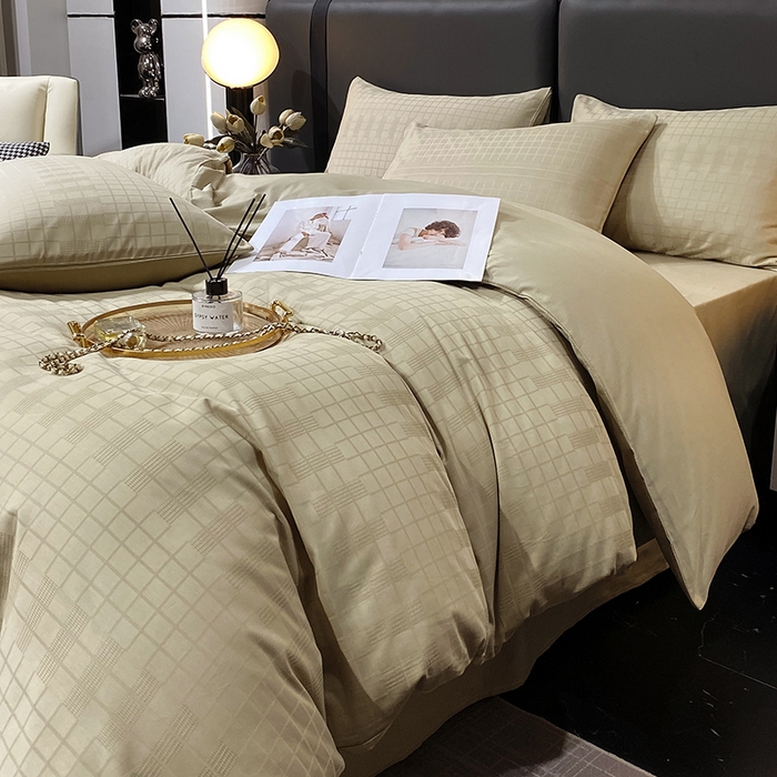 91家纺网 家纺一手货源 找家纺 金鑫汇家纺 2024新款长绒棉提花小方格系列四件套单品系列-单被套 风吹麦浪