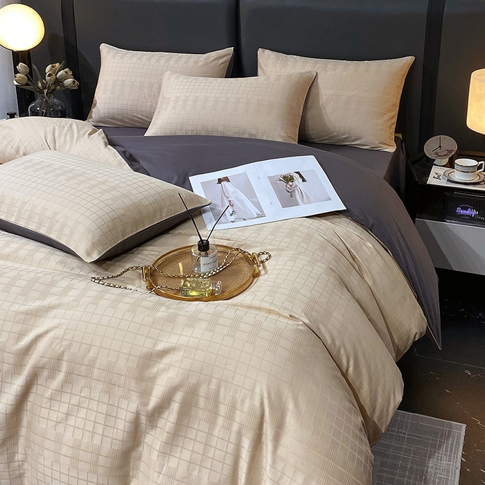 91家纺网 家纺一手货源 找家纺 金鑫汇家纺 2024新款长绒棉提花小方格系列四件套单品系列-单被套 纵横阡陌