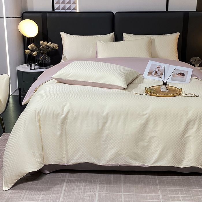 91家纺网 家纺一手货源 找家纺 金鑫汇家纺 2024新款长绒棉提花小方格系列四件套单品系列-单被套 奶昔白+淡紫（新拍）