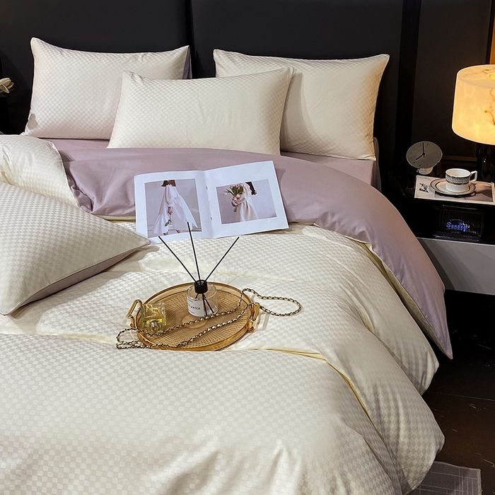 91家纺网 家纺一手货源 找家纺 金鑫汇家纺 2024新款长绒棉提花小方格系列四件套单品系列-单被套 奶昔白+淡紫（新拍）