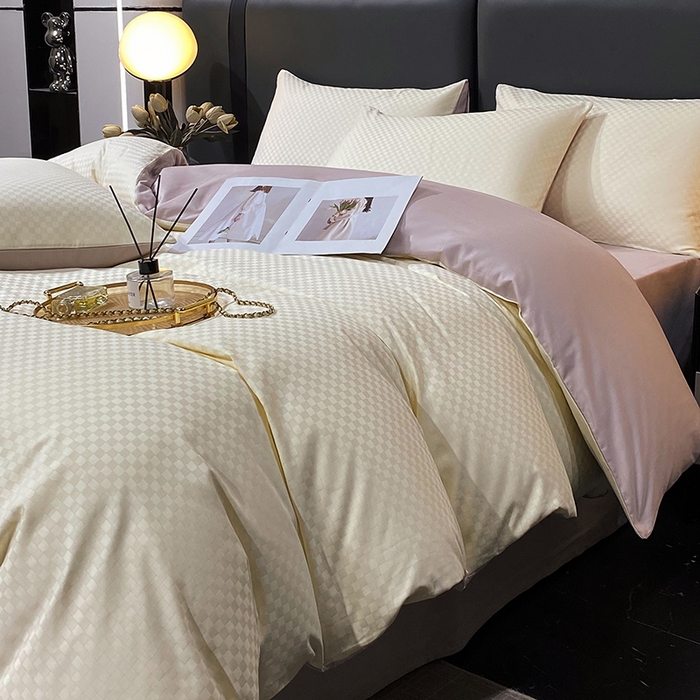 91家纺网 家纺一手货源 找家纺 金鑫汇家纺 2024新款长绒棉提花小方格系列四件套单品系列-单被套 奶昔白+淡紫（新拍）