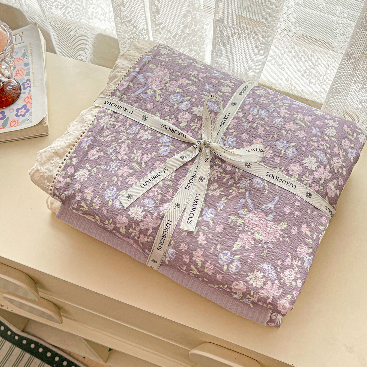 91家纺网 家纺一手货源 找家纺 水木坊 2025新款全棉镂空花边皱皱双层纱四件套专供网销直播 雅韵