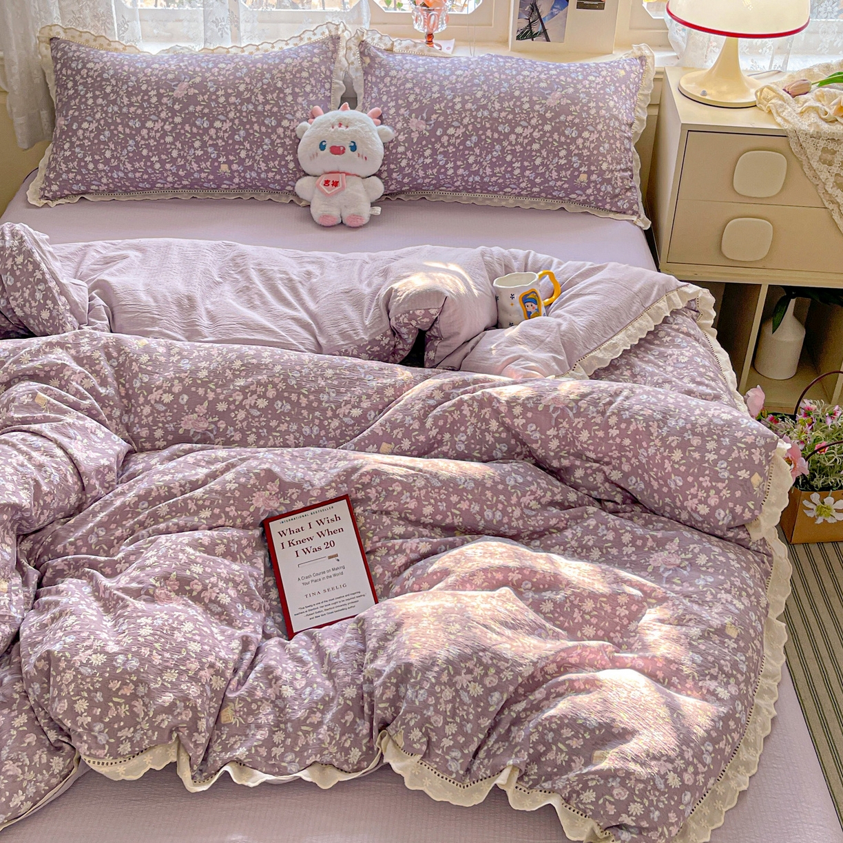 91家纺网 家纺一手货源 找家纺 水木坊 2025新款全棉镂空花边皱皱双层纱四件套专供网销直播 雅韵