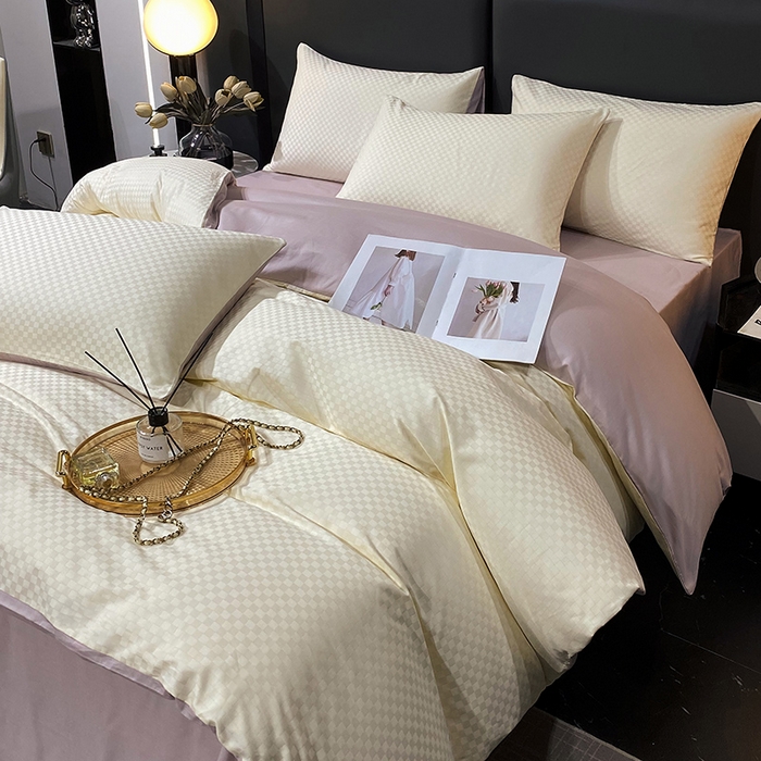 91家纺网 家纺一手货源 找家纺 金鑫汇家纺 2024新款长绒棉提花小方格系列四件套单品系列-单被套 奶昔白+淡紫（新拍）