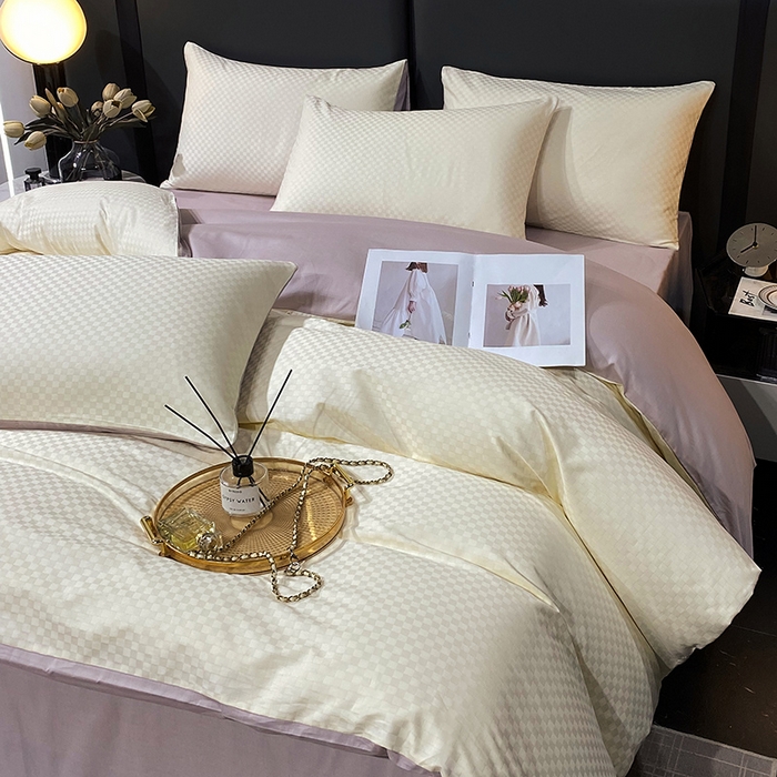 91家纺网 家纺一手货源 找家纺 金鑫汇家纺 2024新款长绒棉提花小方格系列四件套单品系列-单被套 奶昔白+淡紫（新拍）