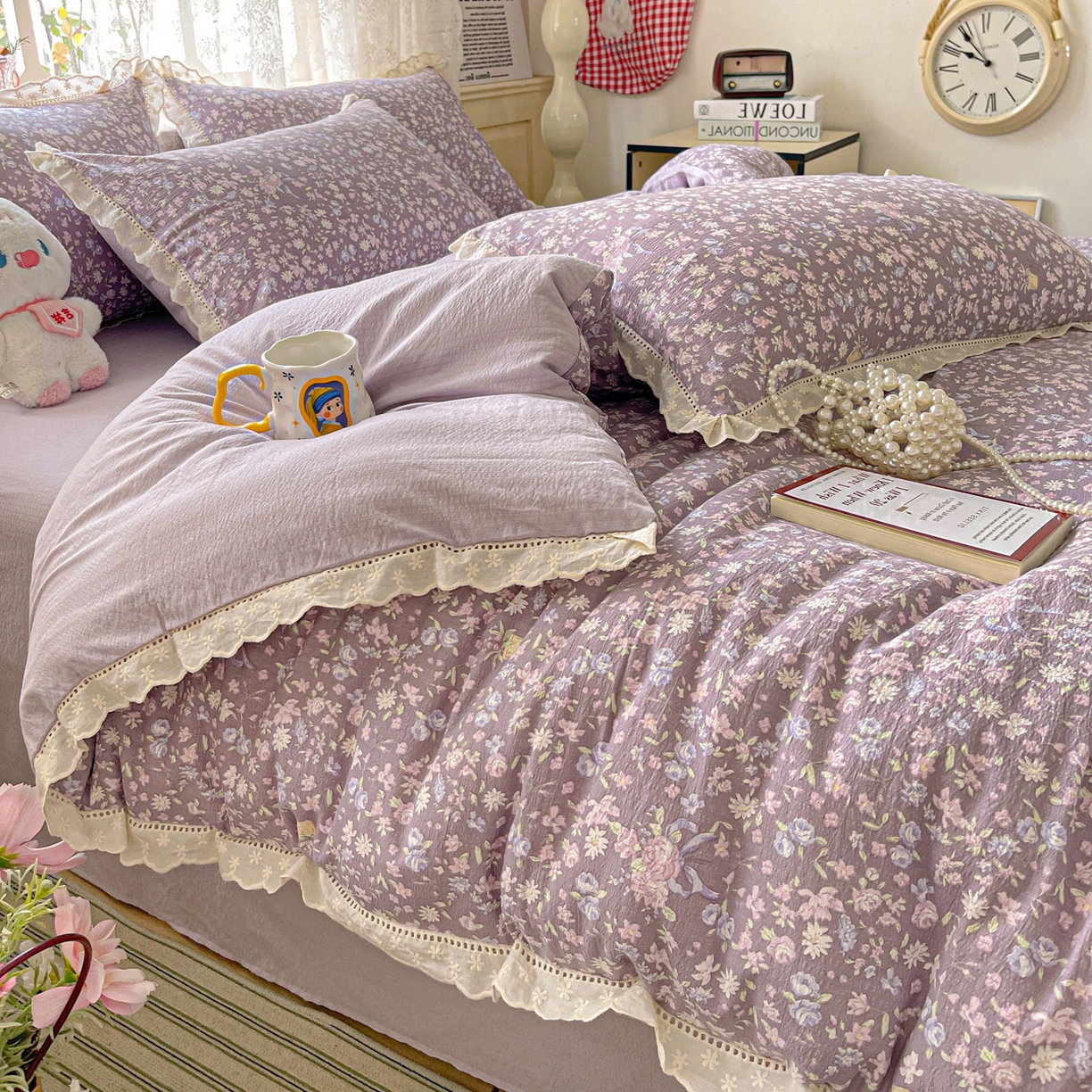 91家纺网 家纺一手货源 找家纺 水木坊 2025新款全棉镂空花边皱皱双层纱四件套专供网销直播 雅韵