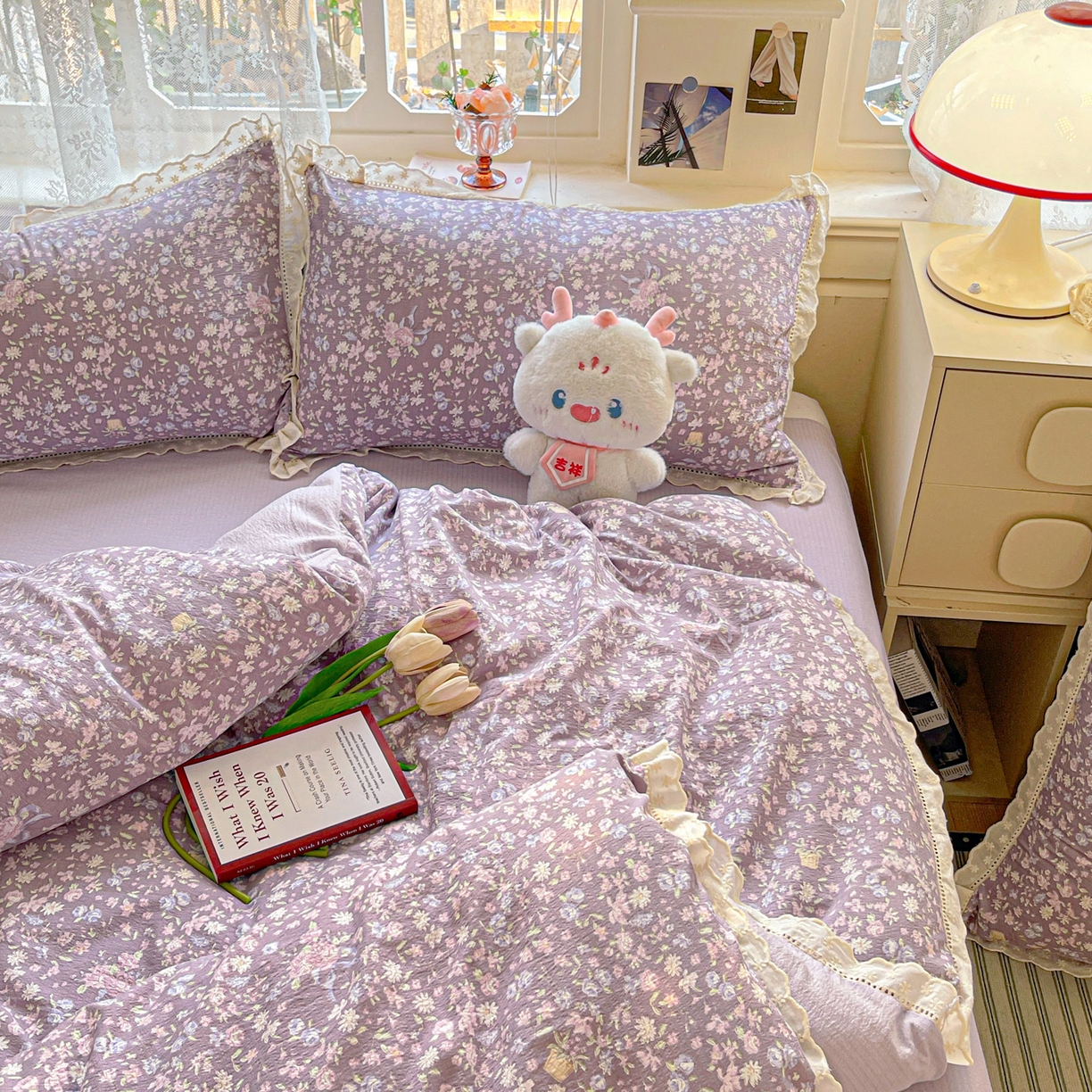 91家纺网 家纺一手货源 找家纺 水木坊 2025新款全棉镂空花边皱皱双层纱四件套专供网销直播 雅韵