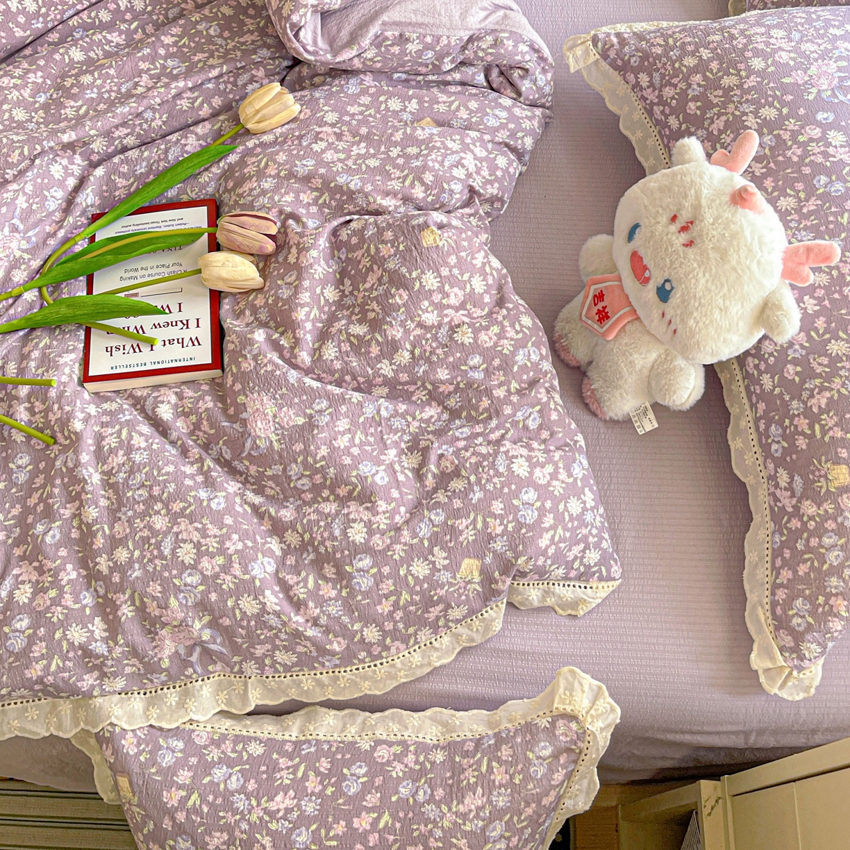 91家纺网 家纺一手货源 找家纺 水木坊 2025新款全棉镂空花边皱皱双层纱四件套专供网销直播 雅韵