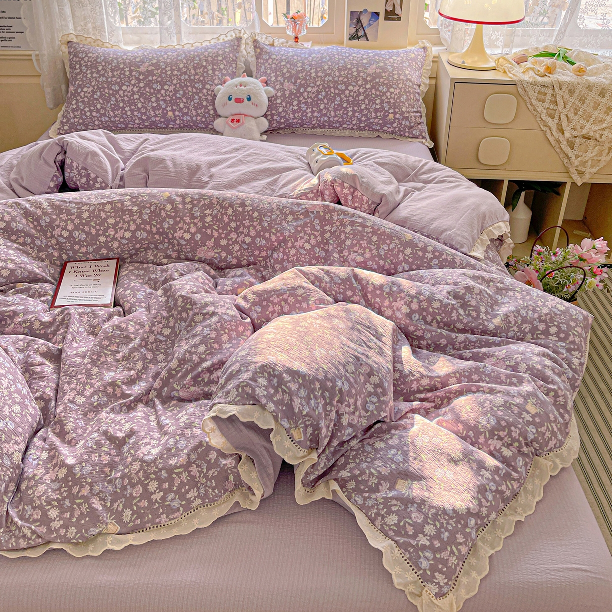 91家纺网 家纺一手货源 找家纺 水木坊 2025新款全棉镂空花边皱皱双层纱四件套专供网销直播 雅韵