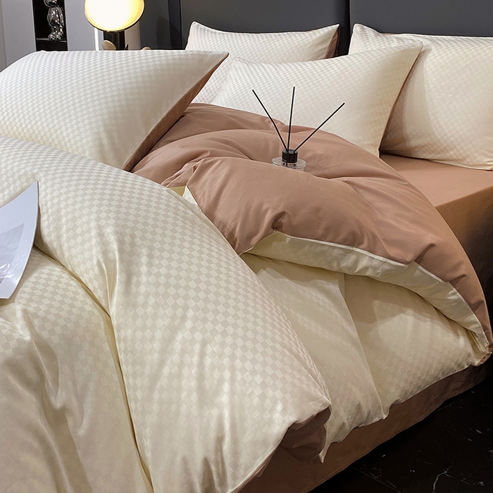 91家纺网 家纺一手货源 找家纺 金鑫汇家纺 2024新款长绒棉提花小方格系列四件套单品系列-单被套 奶昔白+咖（新拍）