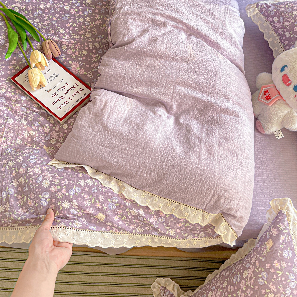 91家纺网 家纺一手货源 找家纺 水木坊 2025新款全棉镂空花边皱皱双层纱四件套专供网销直播 雅韵