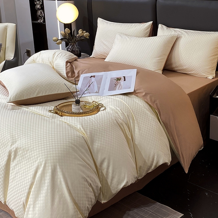 91家纺网 家纺一手货源 找家纺 金鑫汇家纺 2024新款长绒棉提花小方格系列四件套单品系列-单被套 奶昔白+咖（新拍）