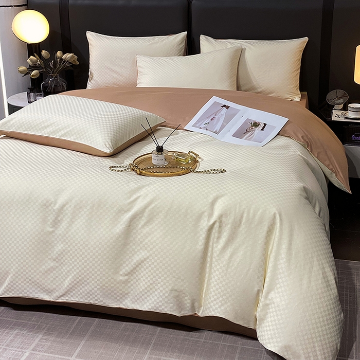 91家纺网 家纺一手货源 找家纺 金鑫汇家纺 2024新款长绒棉提花小方格系列四件套单品系列-单被套 奶昔白+咖（新拍）