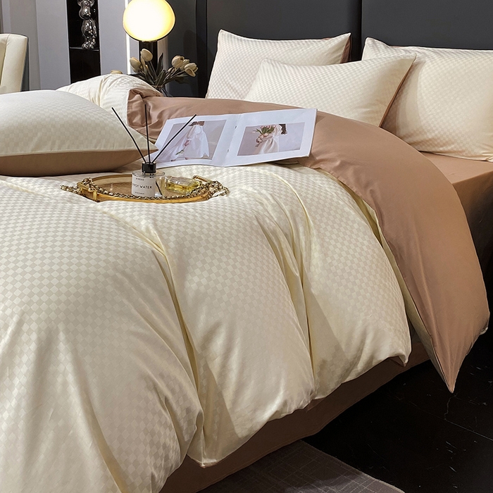 91家纺网 家纺一手货源 找家纺 金鑫汇家纺 2024新款长绒棉提花小方格系列四件套单品系列-单被套 奶昔白+咖（新拍）