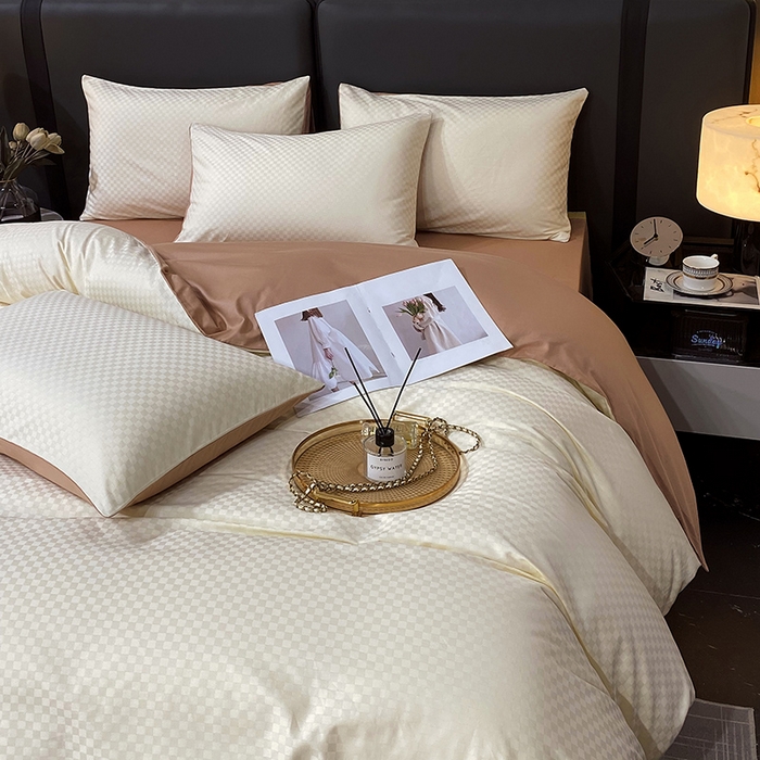 91家纺网 家纺一手货源 找家纺 金鑫汇家纺 2024新款长绒棉提花小方格系列四件套单品系列-单被套 奶昔白+咖（新拍）