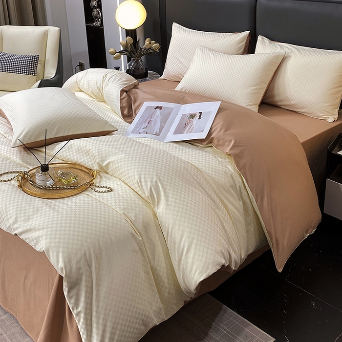 91家纺网 家纺一手货源 找家纺 金鑫汇家纺 2024新款长绒棉提花小方格系列四件套单品系列-单被套 奶昔白+咖（新拍）