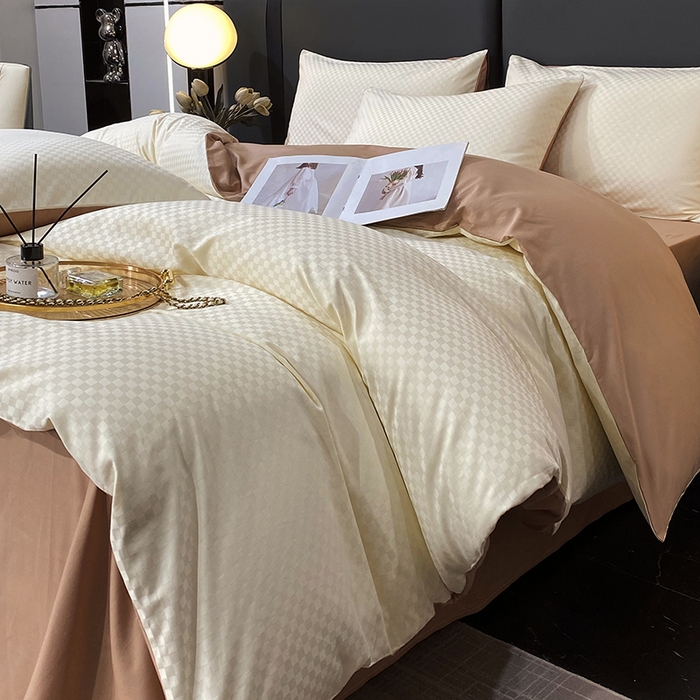 91家纺网 家纺一手货源 找家纺 金鑫汇家纺 2024新款长绒棉提花小方格系列四件套单品系列-单被套 奶昔白+咖（新拍）